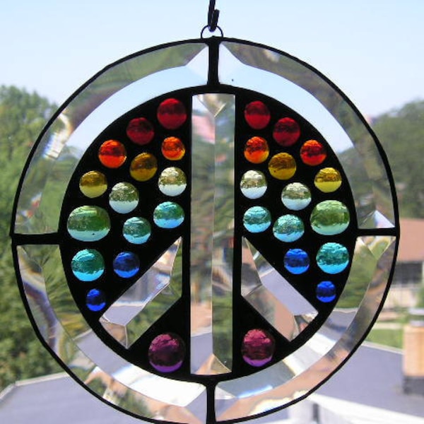 Stained Glass|Stained Glass Peace Sign|Rainbow Gems|Rainbow Peace Sign|Home Decor|Window Suncatcher|Handcrafted|Made in USA