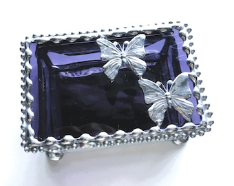 Stained Glass Butterfly Jewelry Box|Trinket Box|Two Butterflies on Purple Stained Glass|Jewelry Storage|Glass Art|Handcrafted|Made in USA