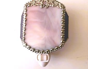 Stained Glass Nightlight; Mauve Glass with Bow and Flowers;  Handcrafted in USA