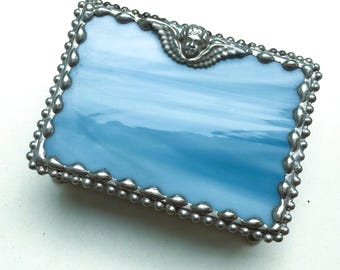 Stained Glass Angel Jewelry Box; Sky Blue Glass With Cherub; Handcrafted in USA