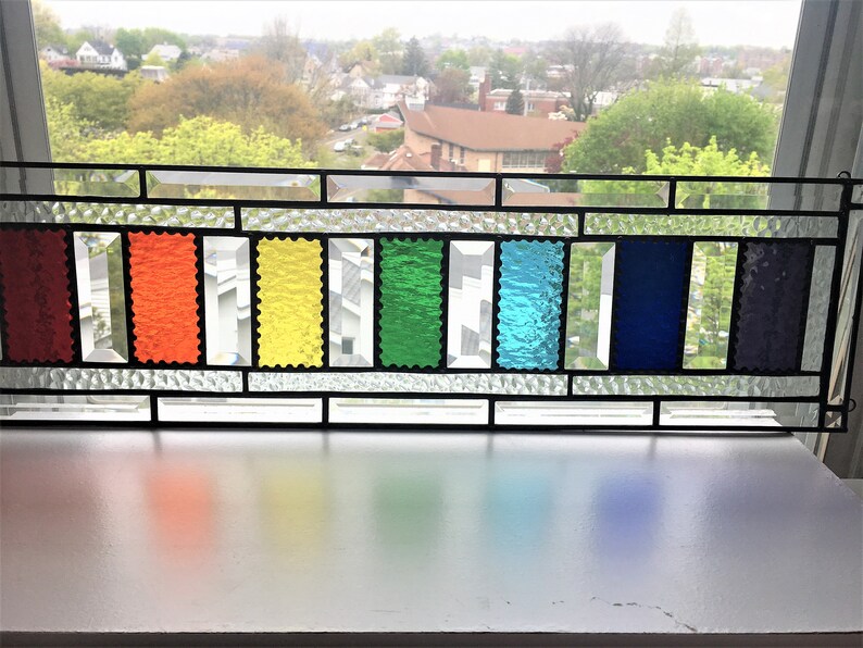 Stained Glass Panel Rainbow Transom Sidelight Ooak Handcrafted Made In Usa Free