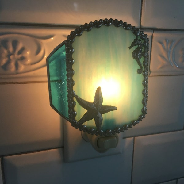 Stained Glass Nightlight with Starfish and Seahorse; Turquoise Glass; Handcrafted in USA