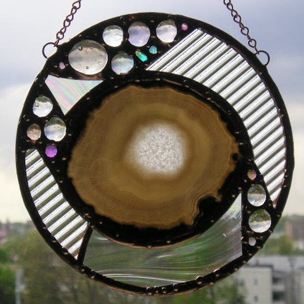 Stained Glass with Agate - Round Stained Glass - Glass Disc - Glass Medallion - Clear Glass - Abstract - OOAK - Handcrafted - Made in USA