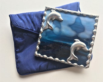 Stained Glass Purse Mirror|Pocket Mirror|Dolphins|Blue Stained Glass|Brocade Pouch|Bath and Beauty|Handcrafted|Made in USA