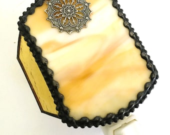 Stained Glass Nightlight; Streaky Gold Glass with Filigree; Handcrafted in USA