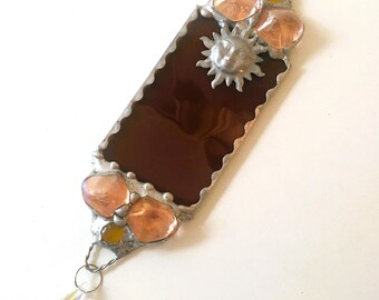 Stained Glass Sun Suncatcher; Sunburst Suncatcher; Amber Glass With Aurora Borealis Crystal; Handcrafted in USA