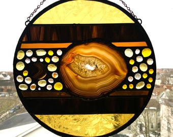 Stained Glass Panel With Agate|Round Glass Window|Brown and Gold|Abstract Stained Glass|Ooak|Handcrafted|Made in USA