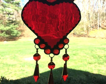 Red Glass Heart Suncatcher with Crystal Drops | Handcrafted Stained Glass USA