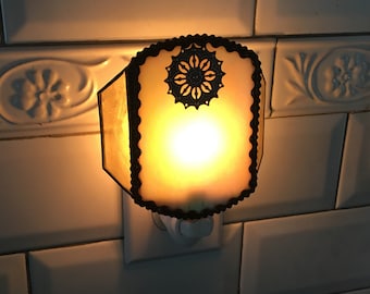 Stained Glass Nightlight, Yellow Iridescent Glass with Filigree, Stained Glass Art, Handcrafted in USA