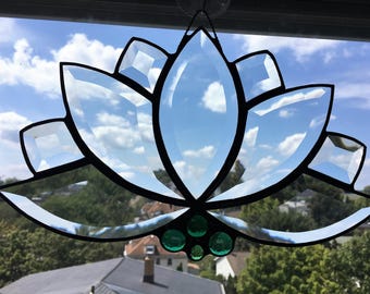 Stained Glass|Lotus Flower|Water Lily|Beveled Glass|Green Accents|Art & Collectibles|Glass Art|Suncatchers|Handcrafted|Made in USA