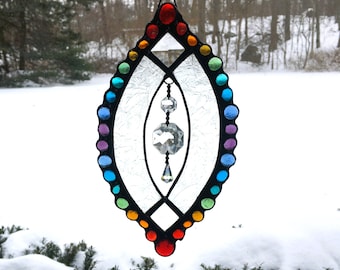 Stained Glass Rainbow Suncatcher; Clear Textured Glass With Gems and Crystals; Handcrafted in USA