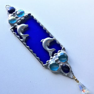 Stained Glass Dolphin Suncatcher, Pair of Swimming Dolphins, Blue Glass With Aurora Borealis Crystal, Glass Art, Handcrafted, Made in USA