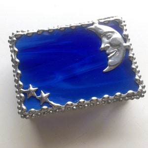 Stained Glass Jewelry Box|Moon and Star|Celestial|True Blue|Cobalt Blue|Jewelry Storage|Trinket Box|Handcrafted|Made in USA