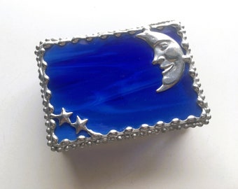 Stained Glass Moon and Stars Jewelry Box; Cobalt Blue Glass; Jewelry Storage Trinket Box; Handcrafted in USA