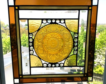 Stained Glass Panel With Vintage Indiana Glass Plate|Sandwich Pattern|Shades of Gold and Clear Glass|Handcrafted|Made in USA