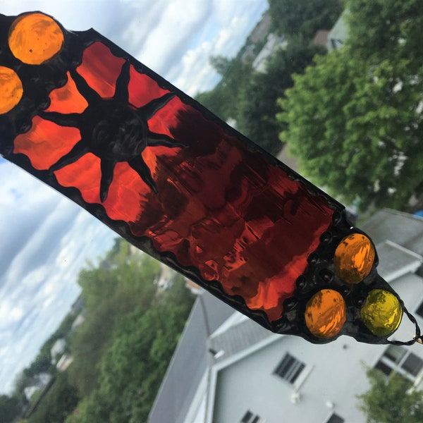 Stained Glass Suncatcher|Sun|Sunburst Suncatcher|Red|Orange|Swarovski Crystal|Glass Art|Handcrafted|Made in USA