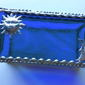 Stained Glass Sun & Moon Jewelry Box; Celestial True Cobalt Blue; Jewelry Storage or Trinket Box; Handcrafted in USA