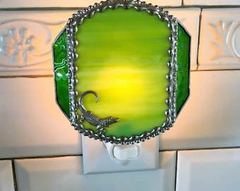 Stained Glass Gator Nightlight|Two Toned Green Glass|Home and Living|Lighting|Night Lights|Handcrafted|Made in USA