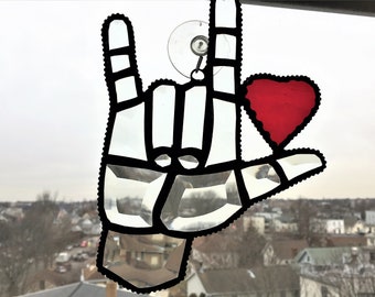 I Love You, American Sign Language I Love You Hand With Red Heart, Beveled Glass, Glass Art, Suncatchers, Handcrafted, Made in USA