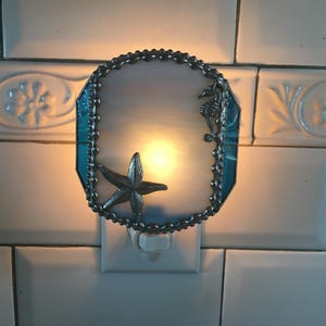 Stained Glass Nightlight, Starfish and Seahorse, Shades of Blue, Home Decor, Lighting, Night Lights, Handcrafted, Made in USA