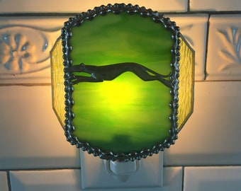 Stained Glass Greyhouns Nightlight|Two Toned Green Glass|Home and Living|Lighting|Night Lights|Handcrafted|Made in USA