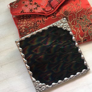 Stained Glass Purse Mirror, Pocket Mirror, Decorative Corners, Black Iridescent, Makeup Tool, Handcrafted, Made in USA