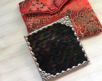 Stained Glass Purse Mirror|Pocket Mirror|Decorative Corners|Black|Iridescent|Bath & Beauty|Makeup Tool|Handcrafted|Made in USA