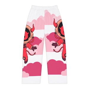 May include: White pajama pants featuring a repeating pattern of cartoon devils in red space suits with horns and tails. The design includes pink clouds. The pants have a comfortable, relaxed fit.