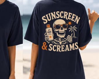 Summerween vibes Sunscreen & Screams Skull Beach Tee  T-Shirt summerween gift summerween shirt summerween tee summerween skeletons