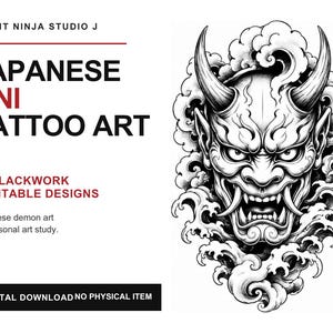 May include: A digital collection of 41 blackwork printable designs titled SILENT NINJA STUDIO J JAPANESE ONI TATTOO ART. The image features a detailed black and white illustration of a horned Oni demon mask surrounded by stylised swirling clouds.