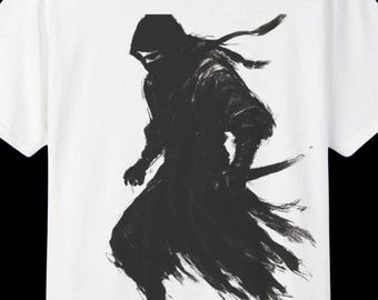 Japans Ninja T-shirt – Shinobi Ink Art, minimalistisch zwart krijger grafisch T-shirt