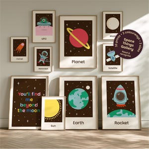 Space themed gallery wall for curious kids. Instant digital prints. Explore the universe, build vocabulary. 10 retro posters for astronauts.
