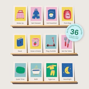 Op de afbeelding: Een set van 12 geïllustreerde kaarten op houten planken, die elk een dagelijkse routineactiviteit uitbeelden. Kaarten zijn onder meer "Wake Up", "Get Dressed", "Eat Breakfast" en "Goodnight". Een ronde sticker leest "An Everyday Routine Bundle" met "36 kaarten voor rustige, zelfverzekerde kinderen."