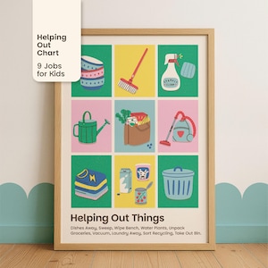 May include: A framed print titled "Helping Out Chart" with colourful illustrations of chores. The print includes images of dishes, a broom, a spray bottle, a watering can, groceries, a vacuum, laundry, recycling, and a bin. The text reads "9 Jobs for Kids."