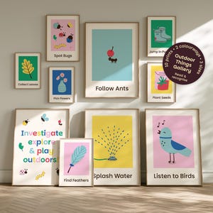 May include: A collection of ten educational wall art prints featuring colorful illustrations of nature themes like bugs, leaves, flowers, ants, feathers, water sprinklers, and birds, with descriptive text labels for each activity.