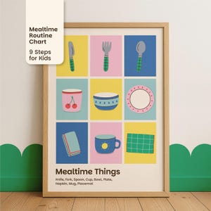 May include: A framed print titled "Mealtime Routine Chart" with colourful illustrations of mealtime items. The print features a knife, fork, spoon, cup, bowl, plate, napkin, mug, and placemat. The background is a mix of blue, yellow, and pink squares.