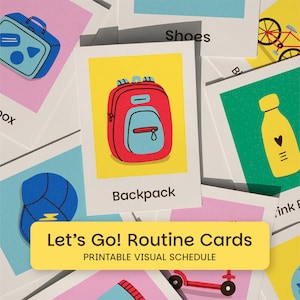 May include: A collection of Let's Go! Routine Cards featuring colorful illustrations of daily items like a red backpack, a blue lunchbox, a yellow water bottle, and a bicycle. Each card displays the object name in black text below the graphic.
