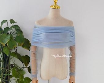Bolero de tul azul para novia, chaqueta desmontable para vestido de novia con mangas.