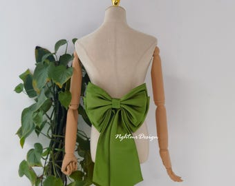 Lazo nupcial de satén verde musgo hecho a mano, con cola desmontable para el vestido de novia.