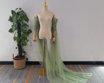 Mangas de tul verde desmontables para novias con cola, alas de novia para bodas.