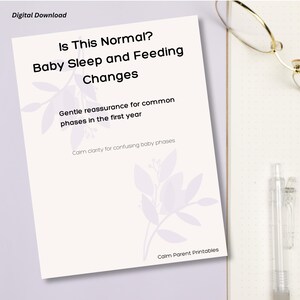 May include: A digital download titled "Is This Normal? Baby Sleep and Feeding Changes." The cover features text and floral illustrations in a soft purple hue. The text provides gentle reassurance for common phases in the first year. The words "Calm Parent Printables" are at the bottom.