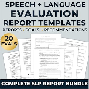 May include: A collection of speech and language evaluation report templates featuring 20 evaluations, goals, and recommendations. The documents include functional language goal banks, social language development test updates, and written language recommendations.