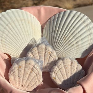 Peut inclure: Des bombes de bain en forme de coquillage dans un panier en velours rose, avec deux grands coquillages blancs en arrière-plan. Les bombes de bain sont enveloppées dans du plastique transparent et sont de couleur rose clair avec des mouchetures visibles.