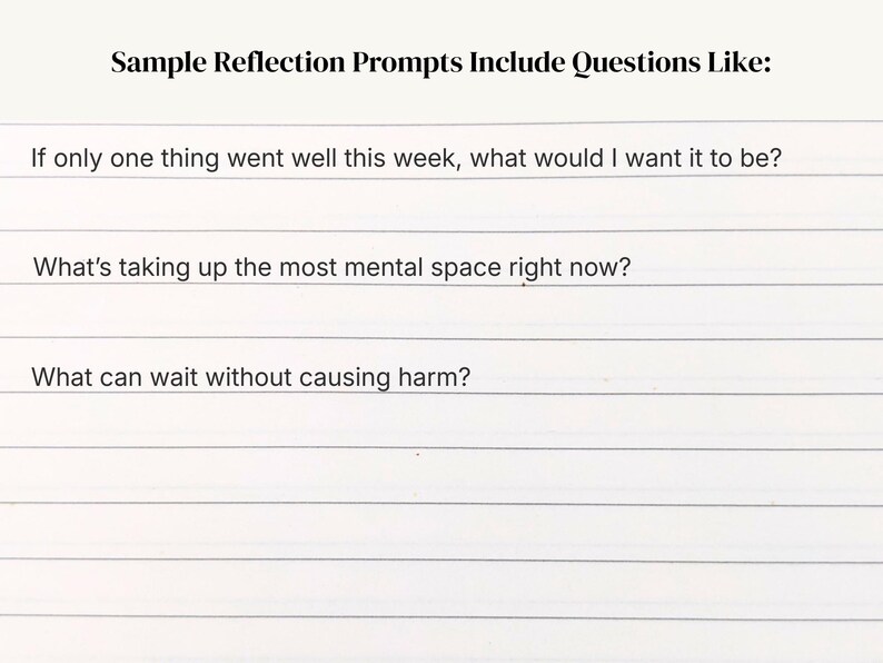 May include: A white lined paper with the text "Sample Reflection Prompts Include Questions Like:" followed by three reflection prompts: "If only one thing went well this week, what would I want it to be?" and two more.