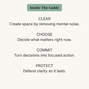 May include: A minimalist graphic with text from "Inside The Guide". The text includes "CLEAR", "CHOOSE", "COMMIT", and "PROTECT", each followed by a brief explanation. The background is a soft, off-white color.