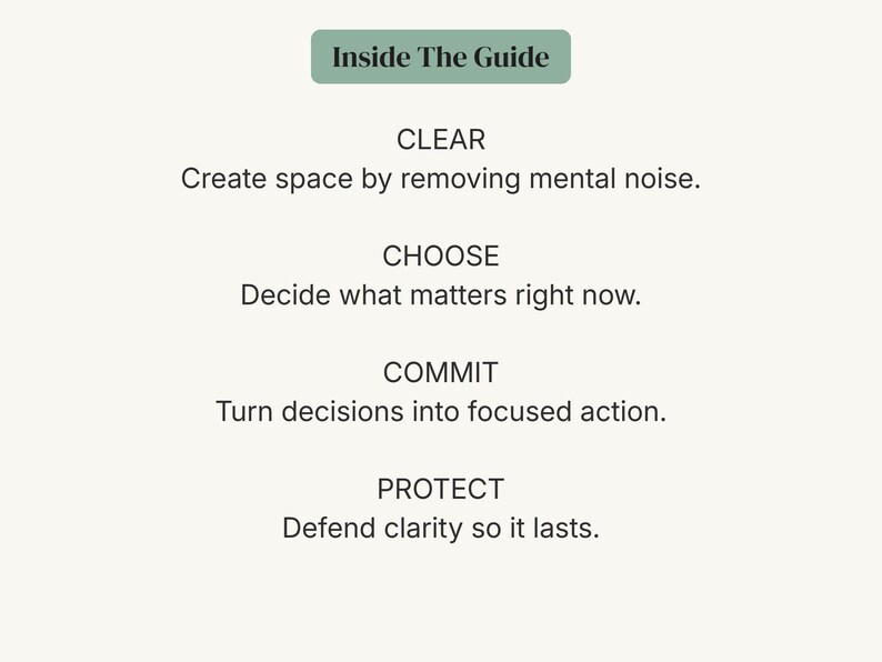 May include: A minimalist graphic with text from "Inside The Guide". The text includes "CLEAR", "CHOOSE", "COMMIT", and "PROTECT", each followed by a brief explanation. The background is a soft, off-white color.
