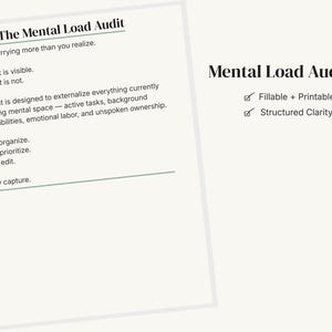Puede incluir: Un PDF imprimible titulado "The Mental Load Audit" sobre un fondo blanco. El texto incluye instrucciones para capturar tareas mentales, responsabilidades y propiedad tácita. El documento también incluye una lista de verificación para una herramienta de claridad estructurada.