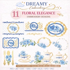 Blue Floral Embroidery Kitchen Set Design – Vintage Gold Frame Teacup Files – 11 Machine Embroidery Patterns – Elegant Tea Decor Digital