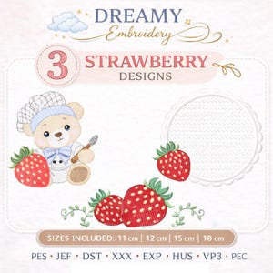 Strawberry Embroidery Design Bundle, Cute Bear Strawberry Embroidery File, Strawberry Frame Embroidery Pattern, Baby Embroidery Design,