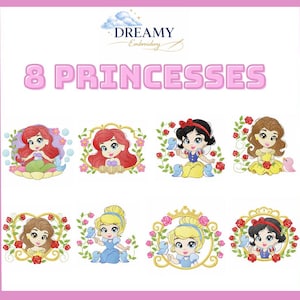 Pode incluir: Uma imagem com oito designs de princesas. Cada princesa é retratada em uma moldura circular com detalhes florais. As princesas têm várias cores de cabelo e usam vestidos diferentes. O texto "8 PRINCESSES" é exibido em rosa no topo.